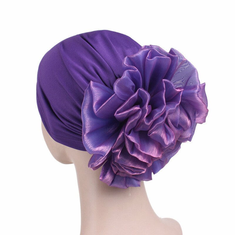 Grote Bloem Vrouwen Tulband Hoed Moslim Hoofddoek Stapel Hoop Cap Vrouwen Zachte Comfortabele Hijab Caps Islamitische Chemotherapie Hoed: Purple