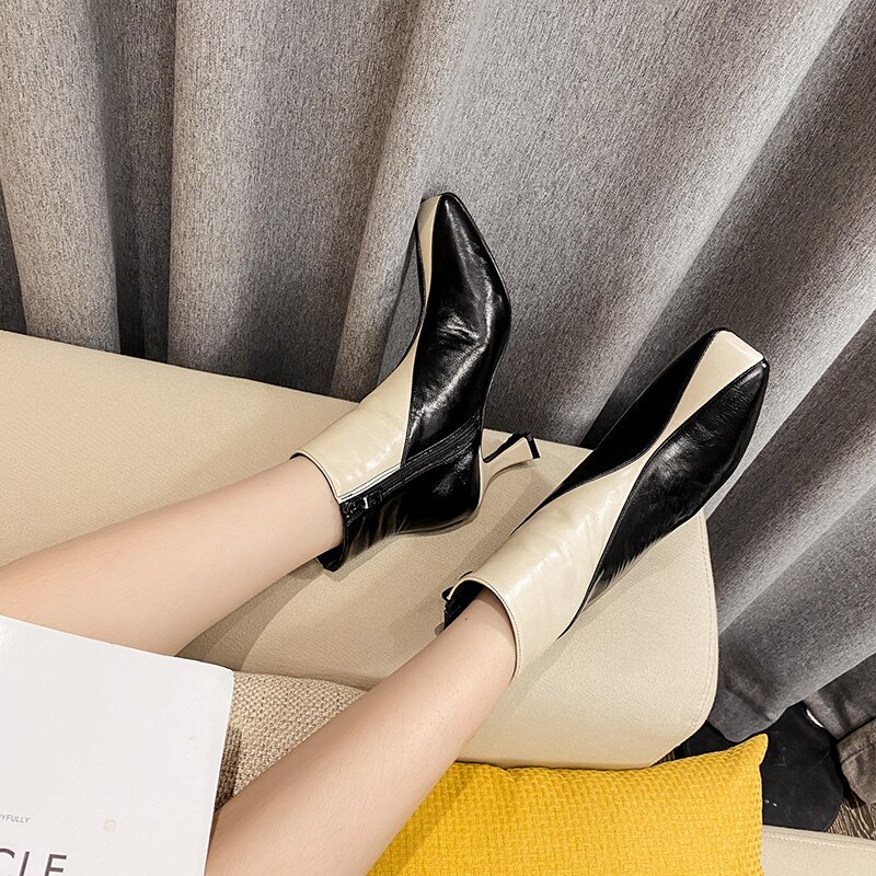 Gemengde kleuren dames enkellaarsjes vierkante neus dunne hoge hakken elegante dames herfst winter pumps zijrits schoenen vrouw
