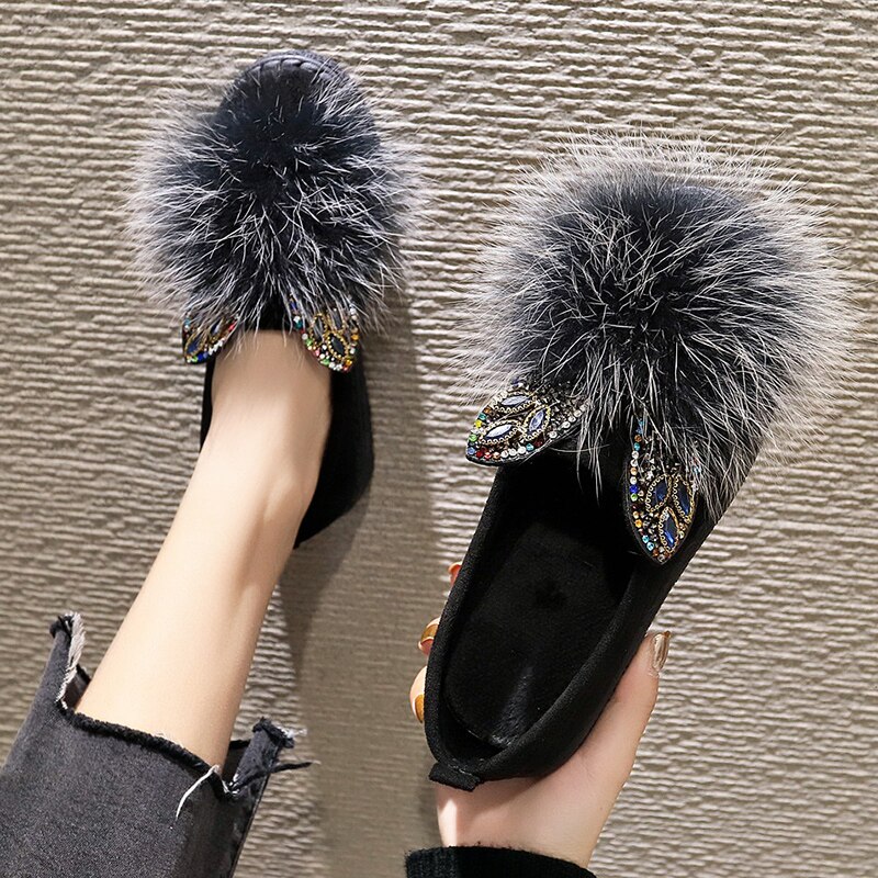 Winter Bont Flats Vrouw Schoenen Suède Muilezels Pluche Harige Mocassins Dames Casual Warm Houden Korte Pluche Schoenen Vrouwen Flats: black / 6.5