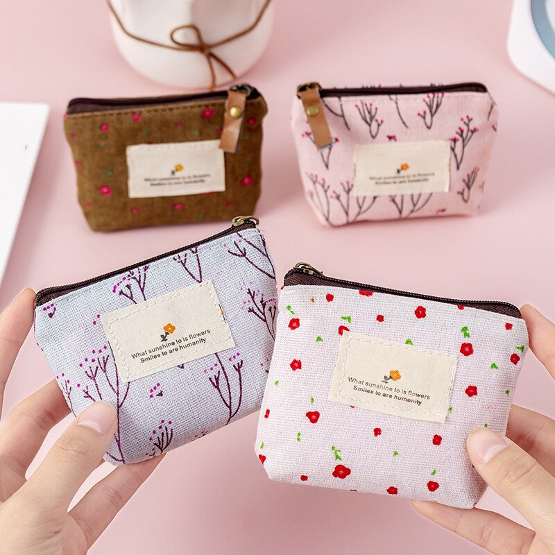 Coin Purse Canvas Wallet Key Card USB Cable Bag Mini Cute Floral Printing Simplicity Coin Holder Girls Women Durable Coin Wallet
