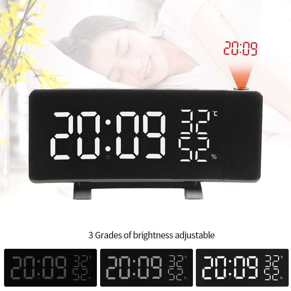 FM Radio Projection Alarm Clock With Dual Alarms Snooze Function 2 USB Charging Port Large Display Thermometer Sleep Timer Clock