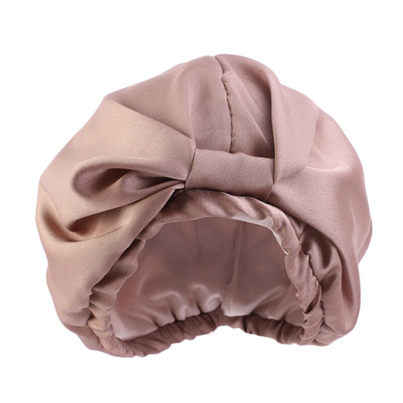 women's silky turban caps adjustable double layer satin sleeping hat bow-tie hair bonnet cap night sleep caps: 2