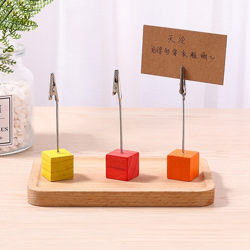 1pc coloré en bois Cube mémo pince métal Photo porte-carte bureau Photo pinces support Message porte-carte bureau décor organisateur