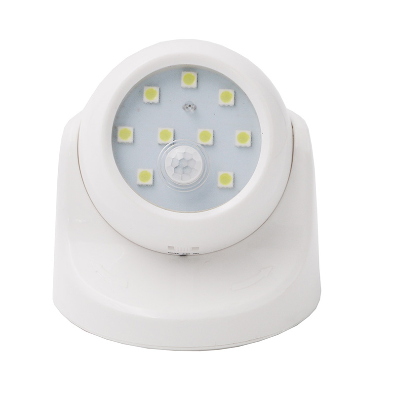 Sans fil capteur de mouvement lumière 9 LED AAA alimenté par batterie 360 degrés Rotation nuit lumière mouvement LED intérieur extérieur applique murale: white