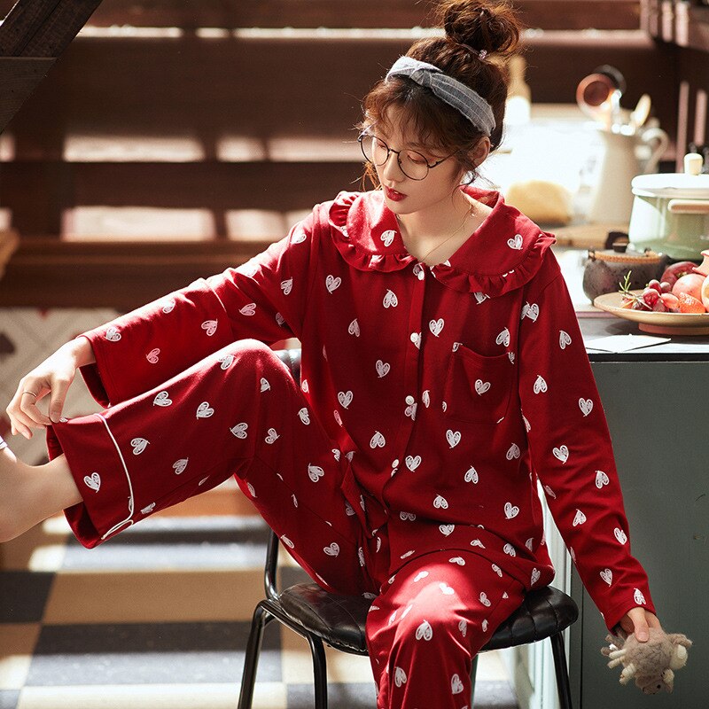 XIFER Autumn Winter Cotton Couple Pajamas Men Women Cotton Long-sleeved Red Wedding Homewear Large Size Love Pattern Pajamas Set: Ms / XL