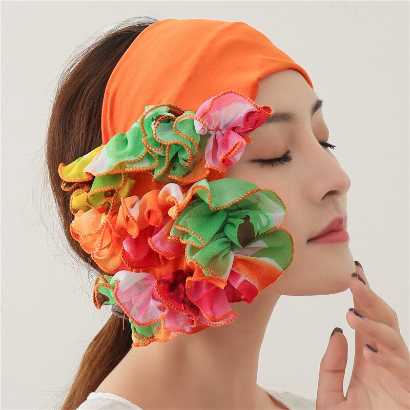 women Floral Neck Ring Scarf Chiffon Collar Tie Muslim Hijab Hat Indian Turban Lady Office Neckerchief Skinny Hair Scarves soild: LJ23-9 orange
