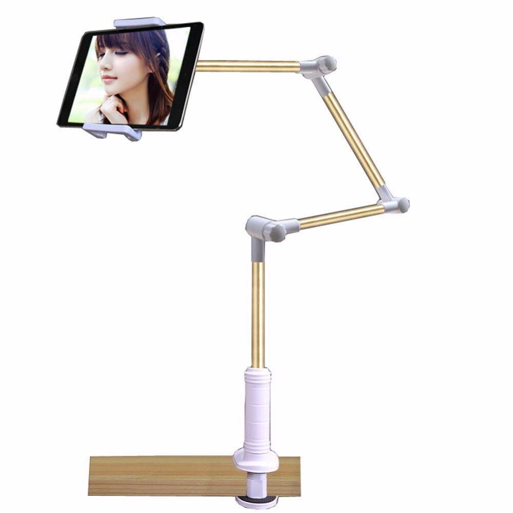 AIBOULLY Tablet Houder Vouwen Verstelbare Lange Arm Luie Mensen Bed Tafel Desktop Tablet Stand Beugel Voor 4-14 Inch tablet PC: type 4 white gold