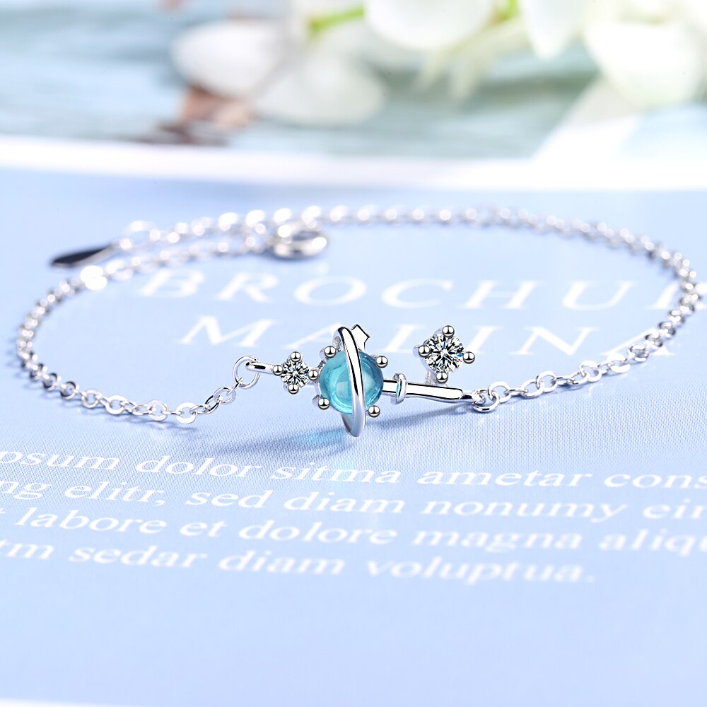 925 Sterling Silver Jewelry Dream Blue Crystal Universe Planet Star Charm Bracelet Zircon Link Chain For Women S-B302