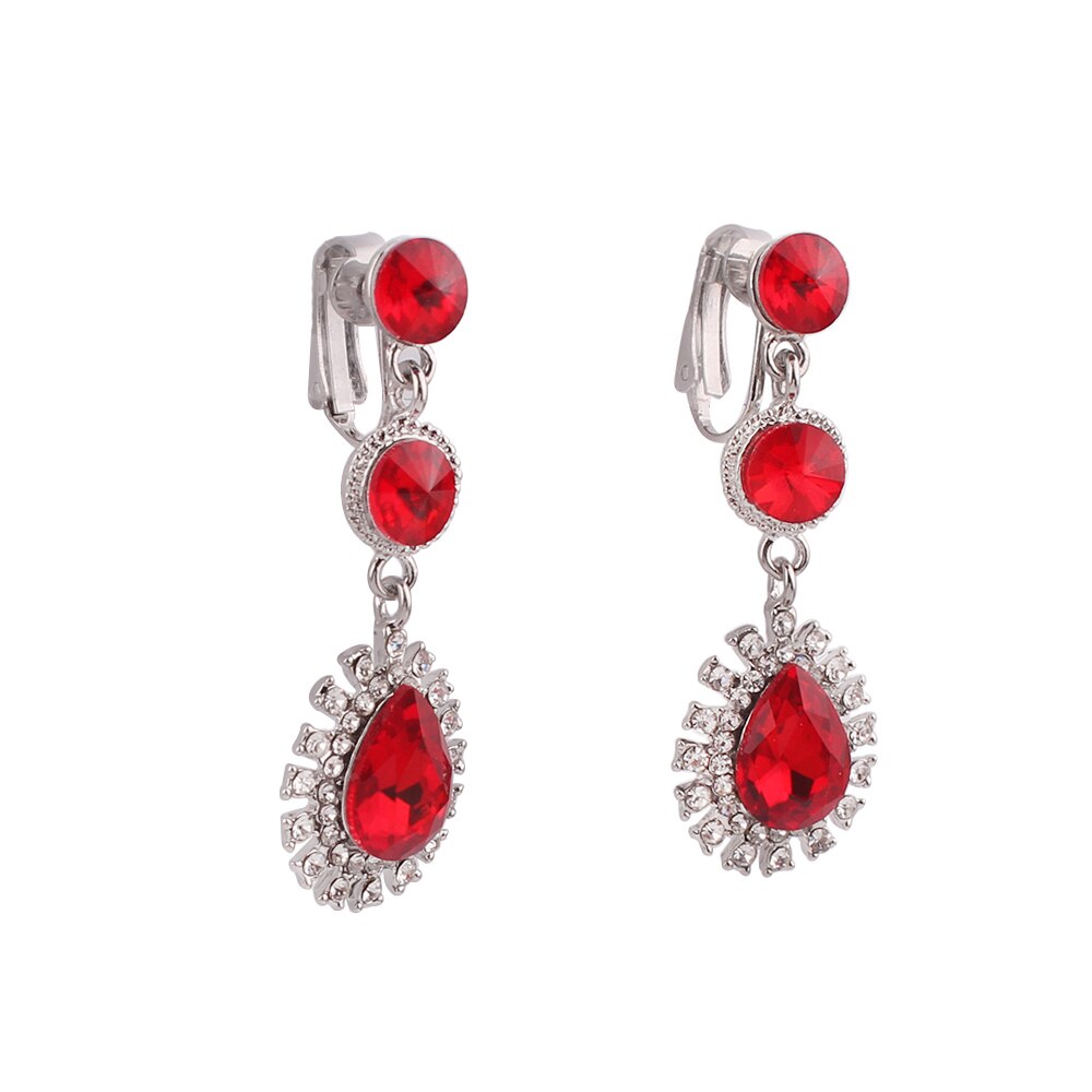 Wenhq 12 Kleuren Hoogwaardige Rhinestone Crystal Tear Shape Clip Op Oorbellen Geen Doorstoken Voor Vrouwen Bruiloft Geen gat Oor Clip: Silver Red