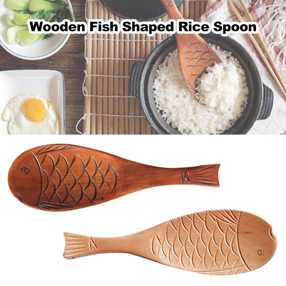 Kitchen Wooden Rice Serving Spoon Wood Rice Paddle Spatula Cute Fish Rice Spoon Scoop Potato Meal Server Cooking Tools