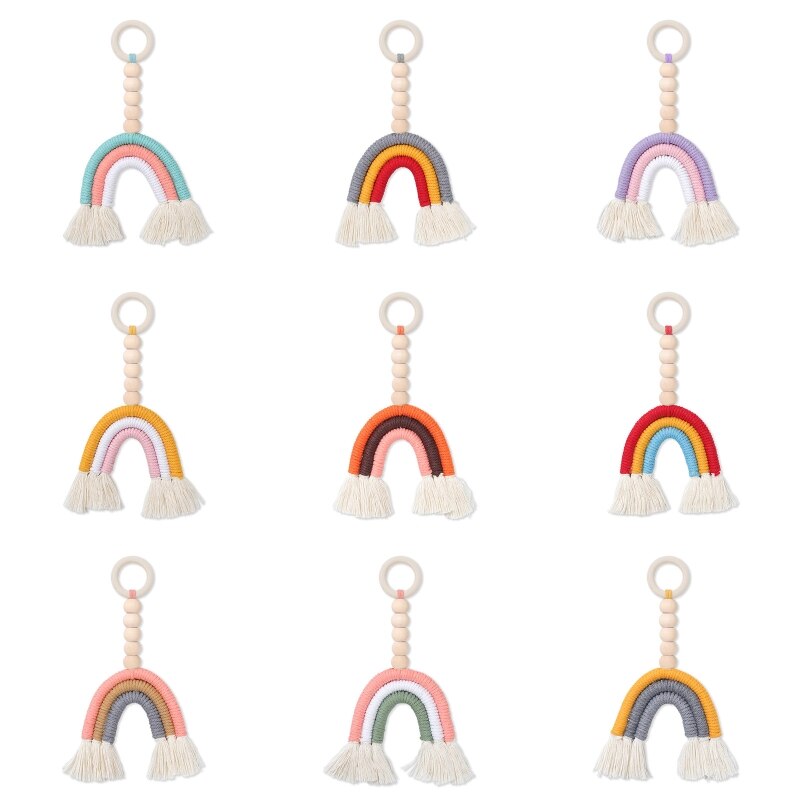 Baby Houten Bijtring Rainbow Tassel Macrame Verpleging Bijtring Speelgoed Douche 54DA