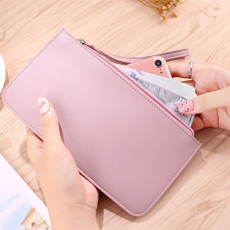 Kvinder tegnebog kvindelig lynlås damer ultra tynd mobiltelefon taske ensfarvet pu læder tegnebøger