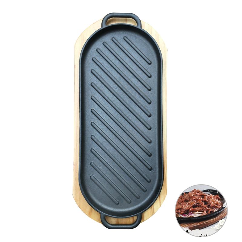 Iron Steak Plate Steak Frying Pan Non-Stick Cooking Grill Pan With Wooden Tray
