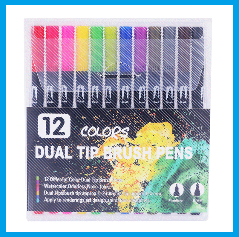 12PCS/Set Marker Pen Set Watercolor Pen Brush Markers Dual Tip Fineliner Drawing for bullet Journal Art Markers Colors Pens: 12 Colors black