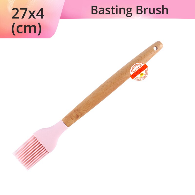 Silicone Cooking Utensils Kitchen Utensils, Acacia Wooden Cooking Tool for Nonstick Cookware - Best Kitchen Gadgets: Pink-Brush