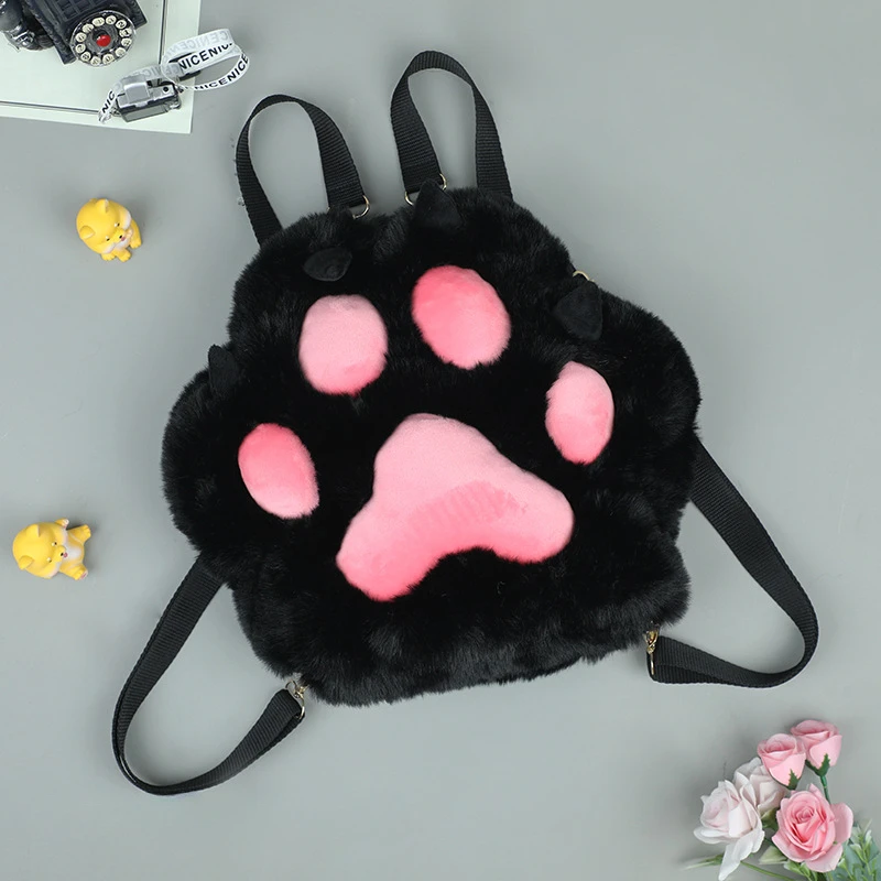 Fluffy Cute Cat Paw Plush Backpack with Adjustable Straps Soft Furry Purse JK Girls Bag Cartoon Backpack Cosplay Kids: black