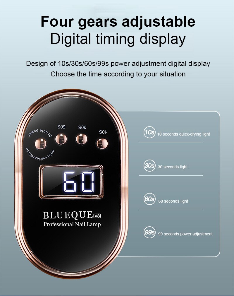 BLUEQUE-Lámpara de LED UV V8 para manicura, de secado rápido automático, para fototerapia, 168W