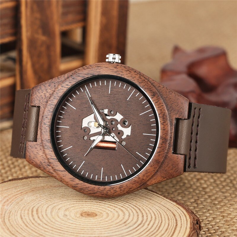 Relógio Casal Relógio de Quartzo Pulseira de Couro Feitos À Mão de madeira Walnut Madeira Relógios Oco Dial reloj parágrafo parej Presente do Amante Dia Dos Namorados