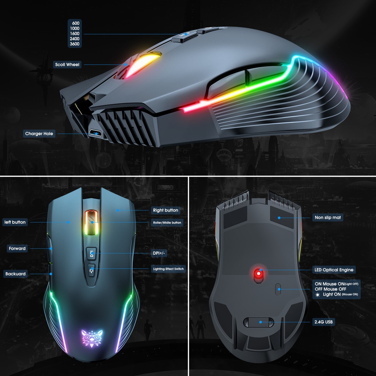 CW905 RGB 5 Adjustable DPI Wireless Rechargeable Gaming Mouse Ergonomic Mouse Gamer Computer Gaming mause For Laptop PC