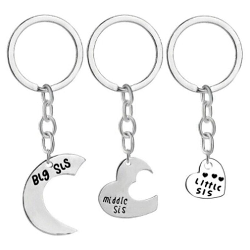 4 Pcs Accessories: 3 Pcs "Big Sis Middle Sis Little Sis" Love Heart Pendant Keychain Set & 1 Pcs Packaging Box