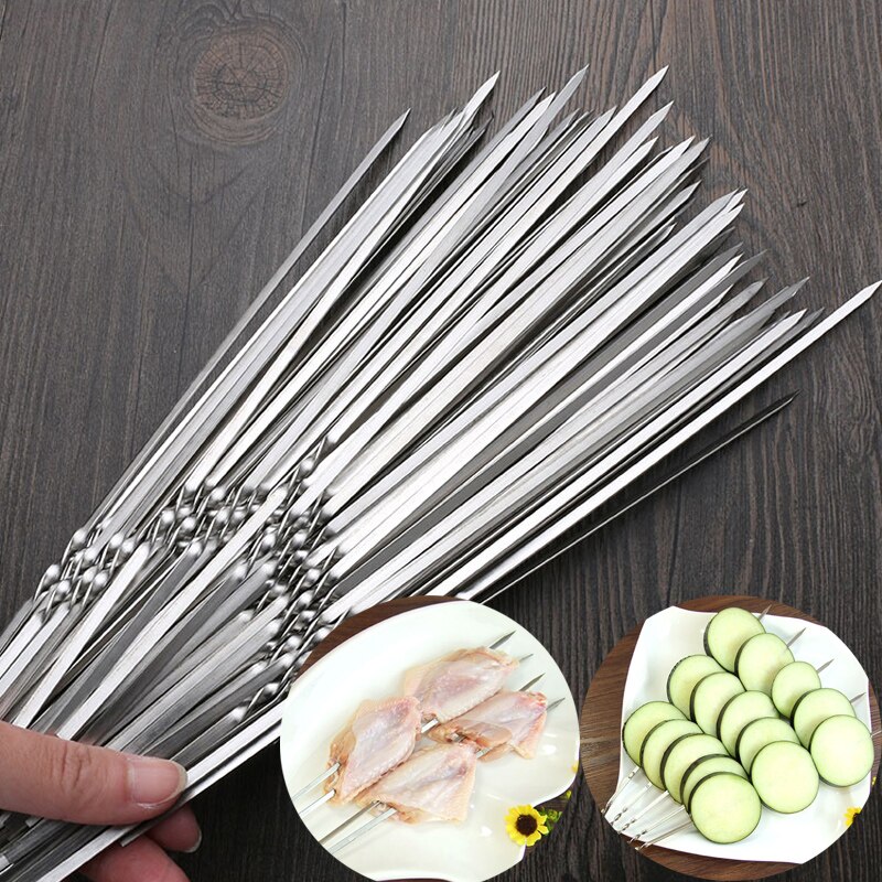 Brochetas de acero inoxidable para barbacoa, palo plano reutilizable de 100 cm, tenedores de aguja para asar, herramientas de barbacoa para acampar al aire libre, 30/50/28,5 Uds.