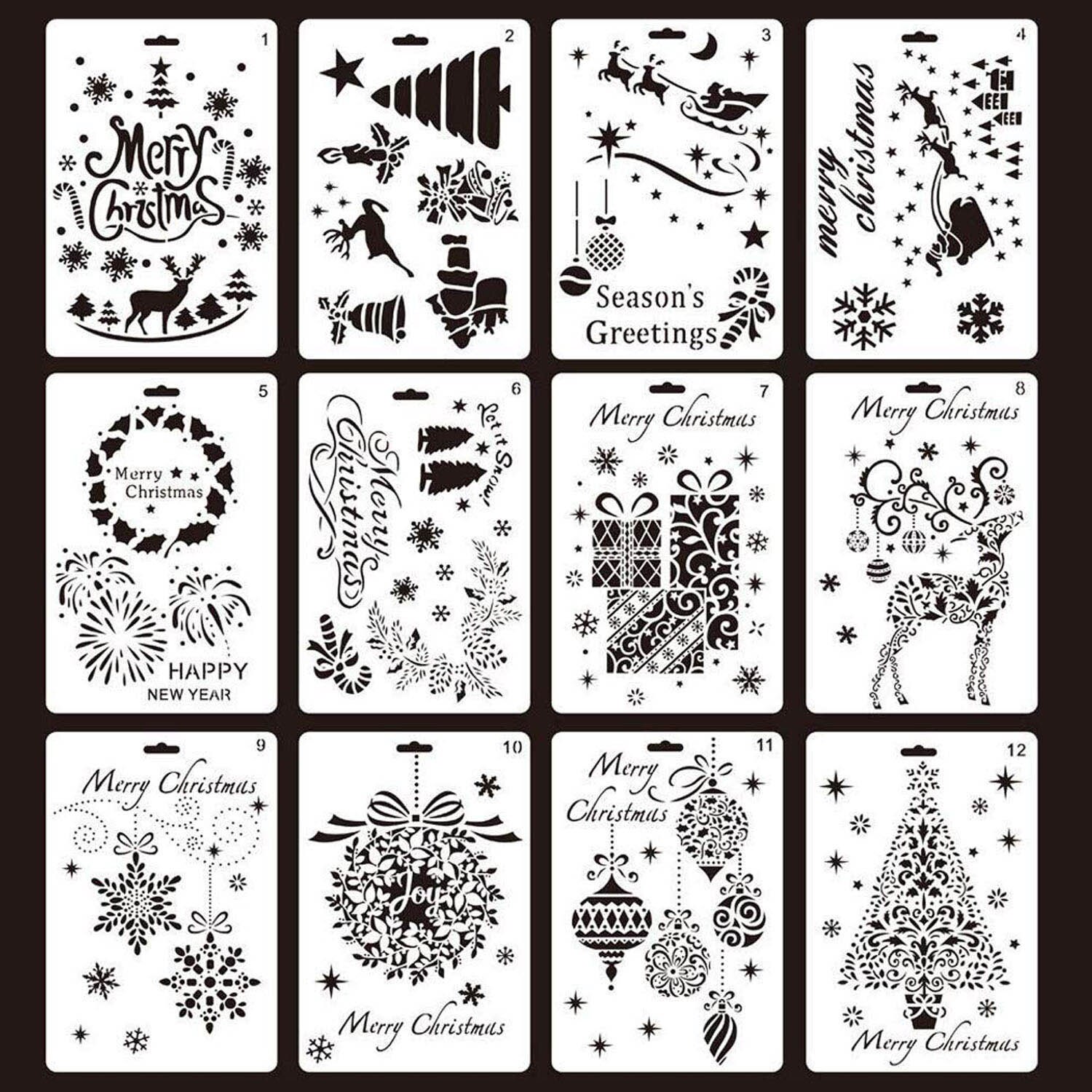 12Pcs Merry Christmas Painting Drawing Stencils Templates DIY Arts Set Toy Pigment School Project Craft Album Card Supplies