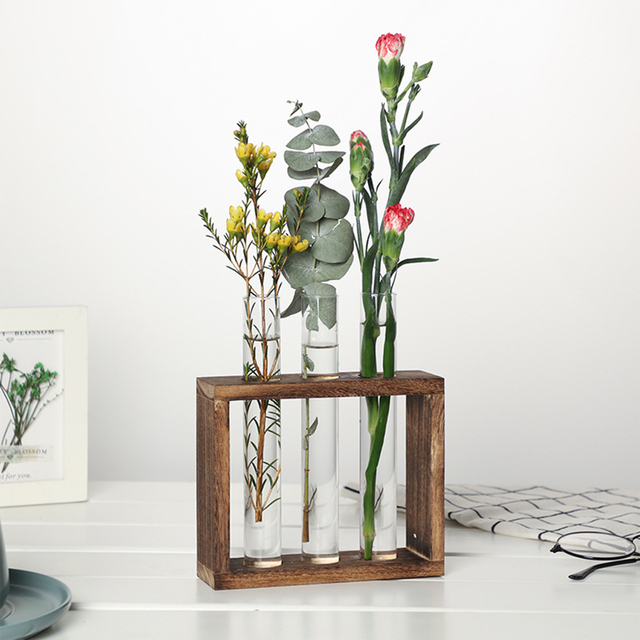 Contenedor de plantas hidropónicas con marco de madera, florero de tubo de ensayo de vidrio transparente para decoración del hogar,: Blanco