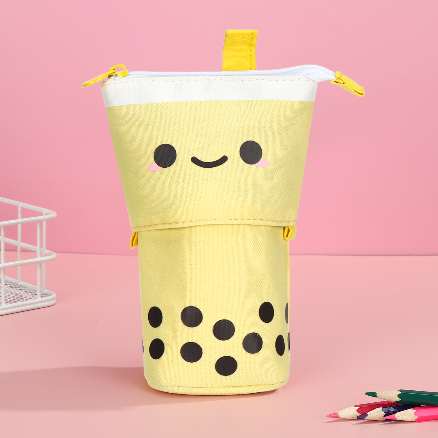 1 Set Cute Boba Milk Tea Pen Case Pencil Holder Stationery Case Stand Up Telescopic Pencil Case Pen Box Stationery Pouch Bag: yellow