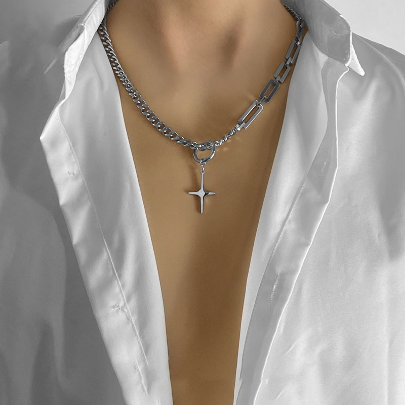 Gargantilla con remaches de cadenas de acero inoxidable para hombre, joyería de cuello Punk de hip hop, cadena de cuello corto con colgante, accesorios góticos: Bañado en rodio de imitación