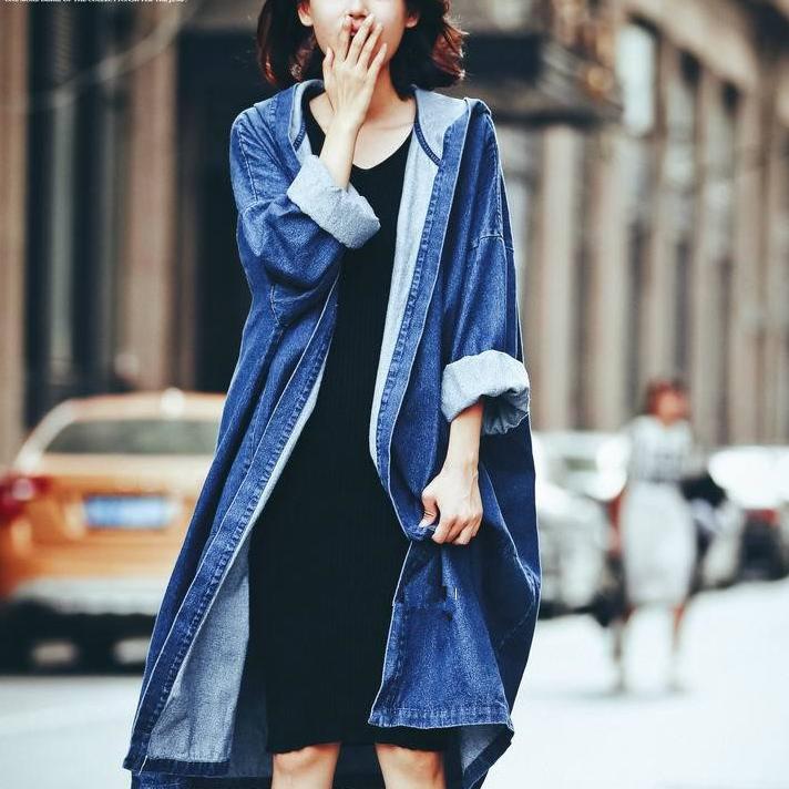 Trench coat en denim femme, ample super long en denim trench coat femme, décontracté avec capuche en denim, printemps: blue