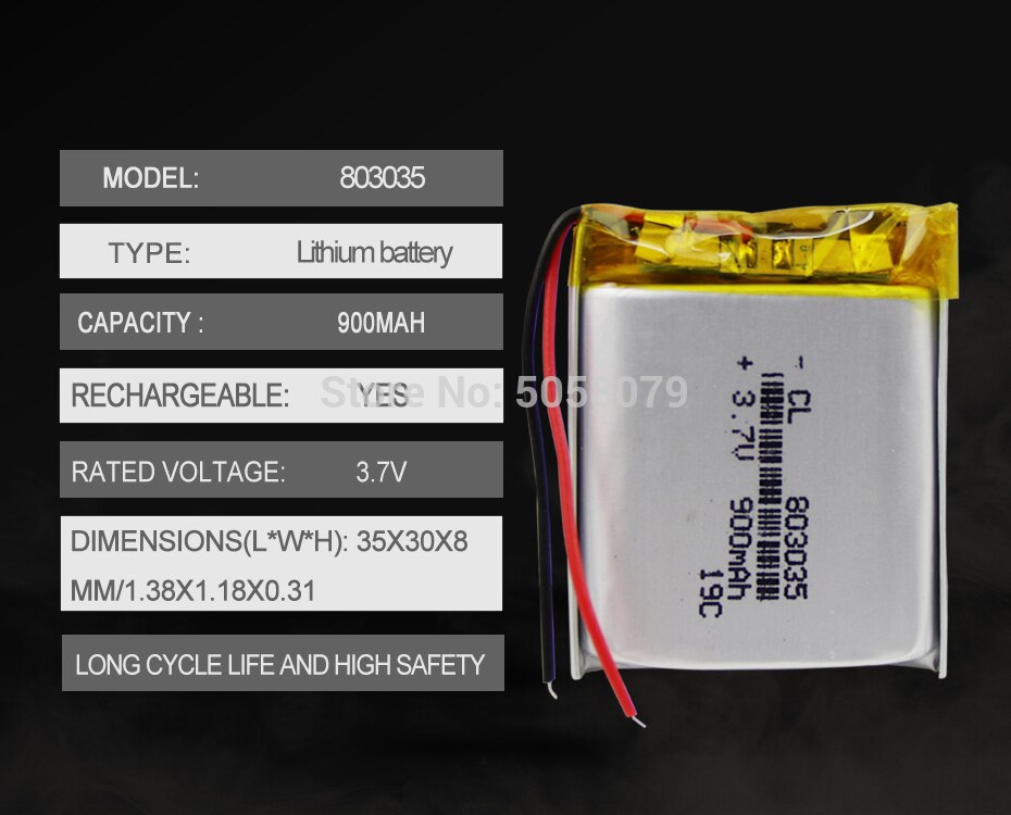 1pcs Polymer Lithium battery 900 mah 3.7 V 803035 smart home MP3 speakers Li-ion battery for dvr,GPS,mp3,mp4,mp5 power bank
