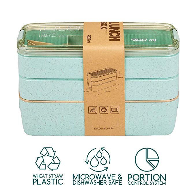 3 Layers 900Ml Health Materials Microwave Oven Lunch Box Wheat Lunchbox School Office Tableware Food Storage Container Bento Box: Grass green