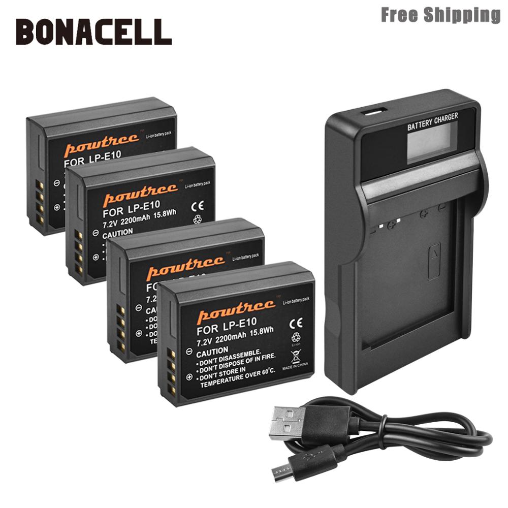 Bonacell 2200mAh LP-E10 LP E10 LPE10 Camera Batterij + LCD Oplader Voor Canon 1100D 1200D 1300D Rebel T3 T5 KUS X50 X70 Batterij L50: 4XBattery Charger