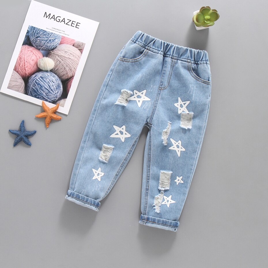 Jeans strappati per bambina Jeans con motivo a stella per Jeans con foro per ragazze Infantil primavera autunno vestiti per bambina