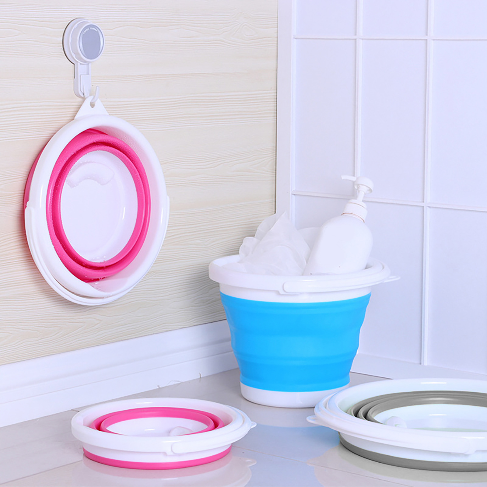 Foldable Bucket with Handle Silicone Bucket Capacity of 3L/5L/10L Multi Purpose for Beach Camping Garden House Cleaning Tool