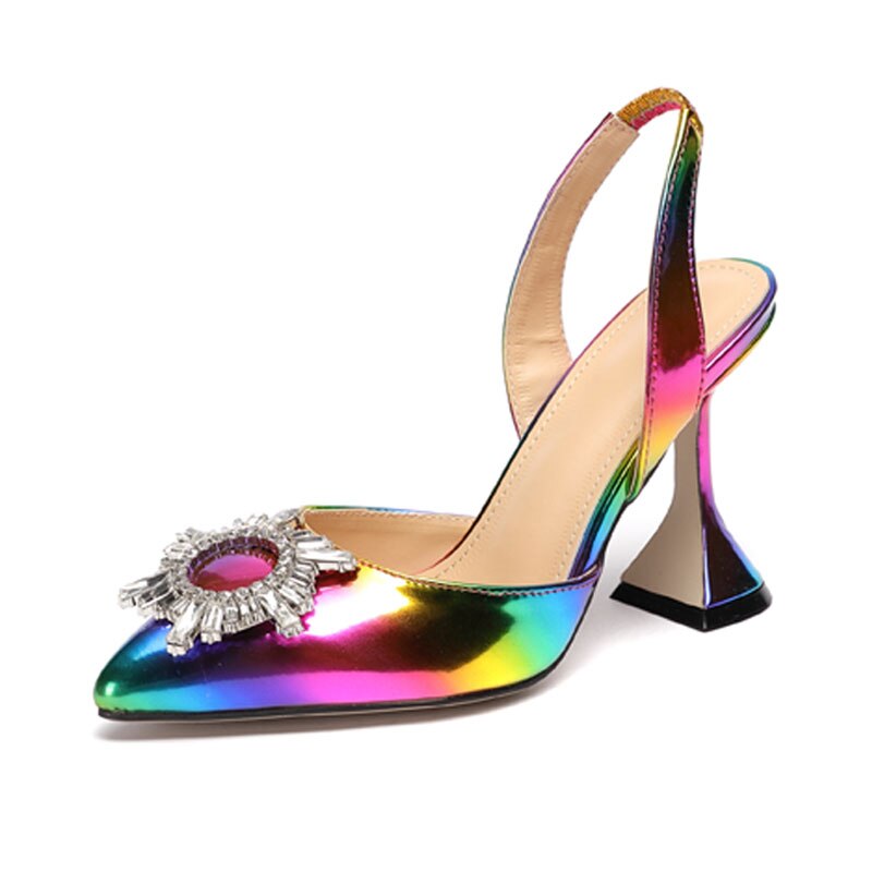Regenboog Kleur Vrouwen Sandalen Elegante Spitse Neus Zon Stijl Strass Hoge Hakken Wieden Schoenen Spike Hak Slingback Pumps Sandalen