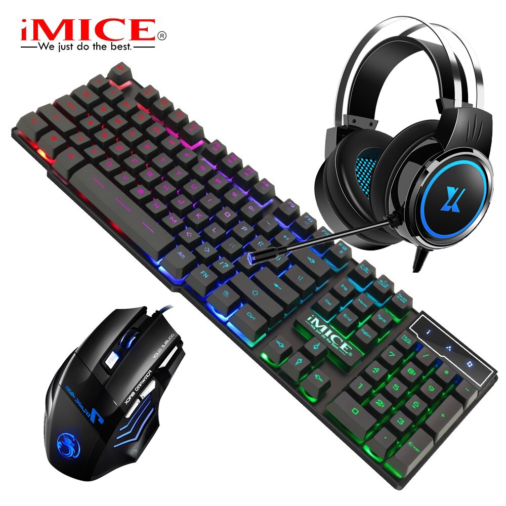Pc toetsenbord muis headset combo's chocolade toetsenbord met 3 kleuren achtergrondverlichting 2400 dpi ademende achtergrondverlichting muis rgb verlichting oortelefoon: 3 in 1