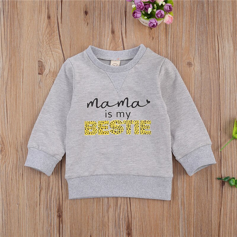 Vår höst barn baby kläder leopard brev tryck sweatshirt lång ärm rund krage tröjor toppar för pojkar flickor