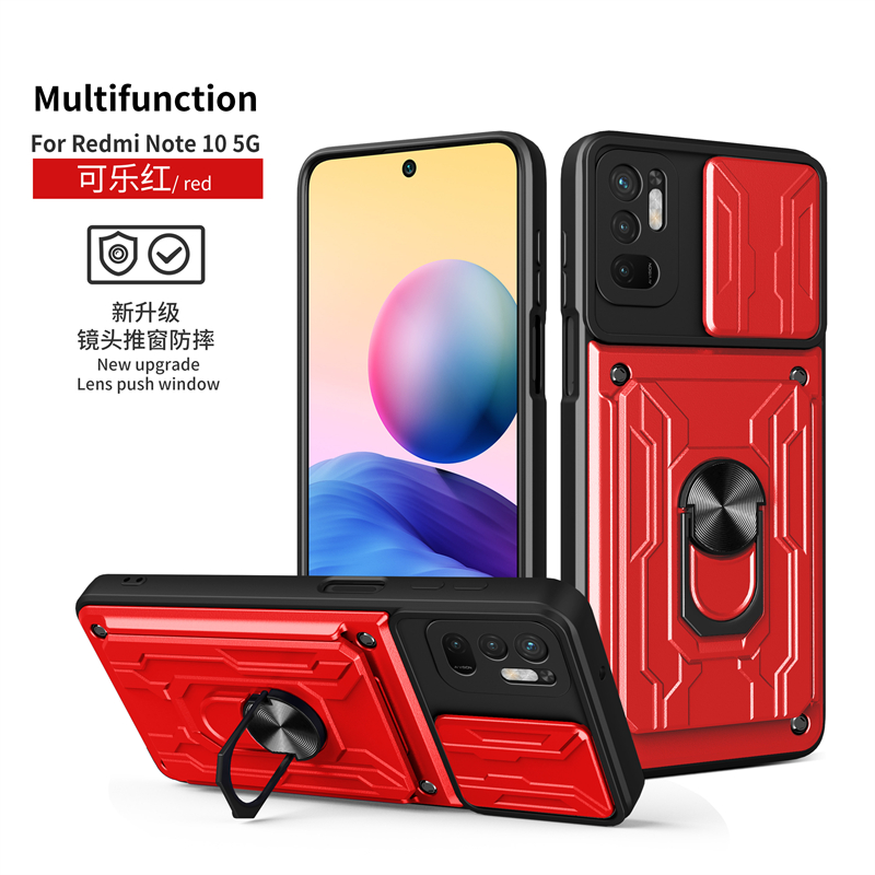 For Xiaomi Poco M3 Pro 5G Case Magnetic Holder Ring Armor Card Slot Phone Cases For Pocophone M3 M 3 Pro Slide Camera Back Cover: Red