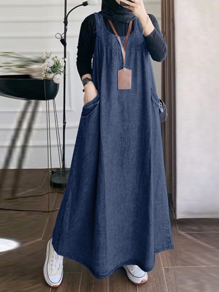 Sommer Elegante Overalls Kleid ZANZEA Muslimischen Maxi Sommerkleid Robe Femme Vintage Straps Solide A-line Denim Blau Vestidos Kaftan 2024: XL / Brown