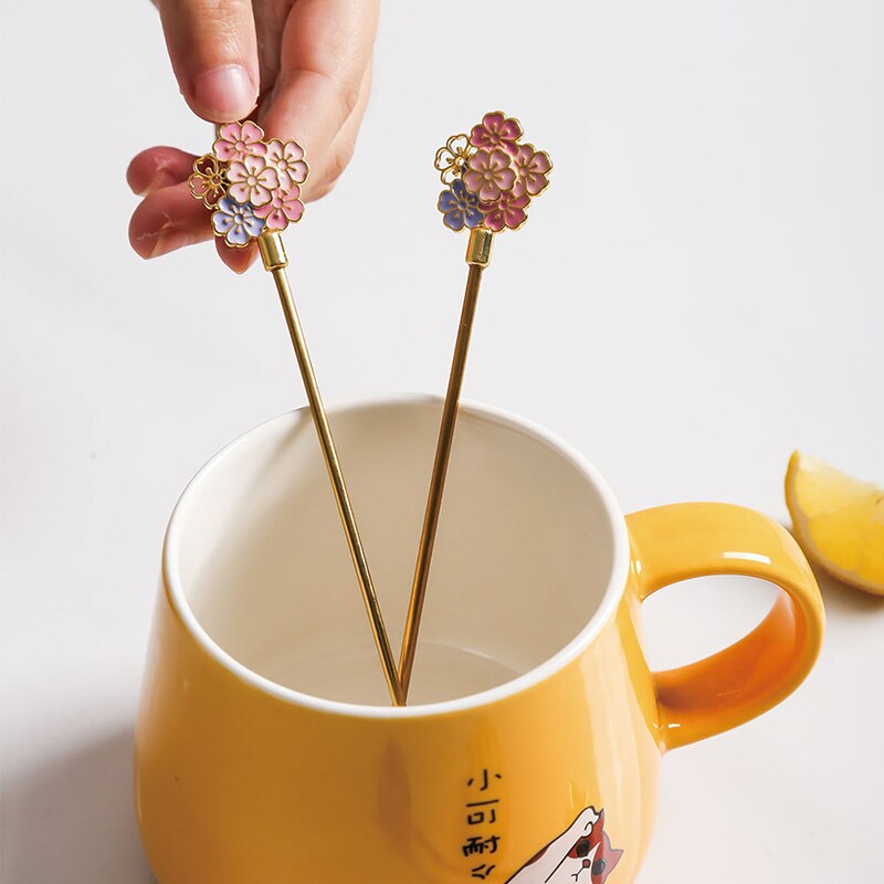Japanese Sakura Coffee Spoon Cute Stainless Steel Spoon Fork Coffee Spoon Long Handle Stirring Dessert Fork Spoon