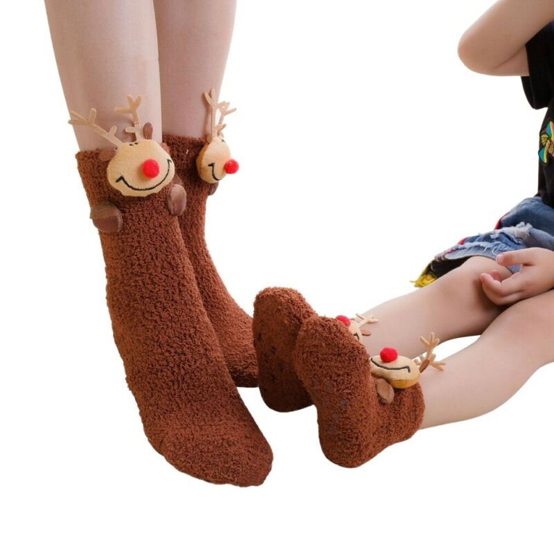 Cute Adults Women Kids Baby Christmas Cosplay Fancy Socks Family Matching Xmas Warm Ankle Socks Thick Furry Socks 1Pcs