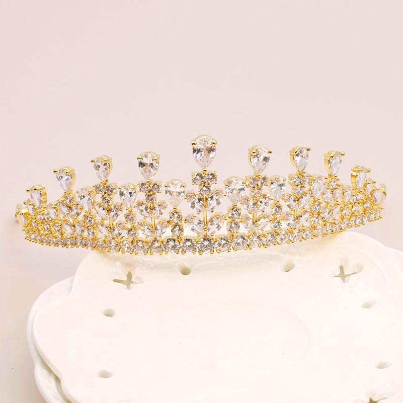 verrotten Bäume Hochzeit Tiara Für Bräute Luxus kubisch Zirkon Gold Farbe Krone Haar Zubehör tocado novia: Gold