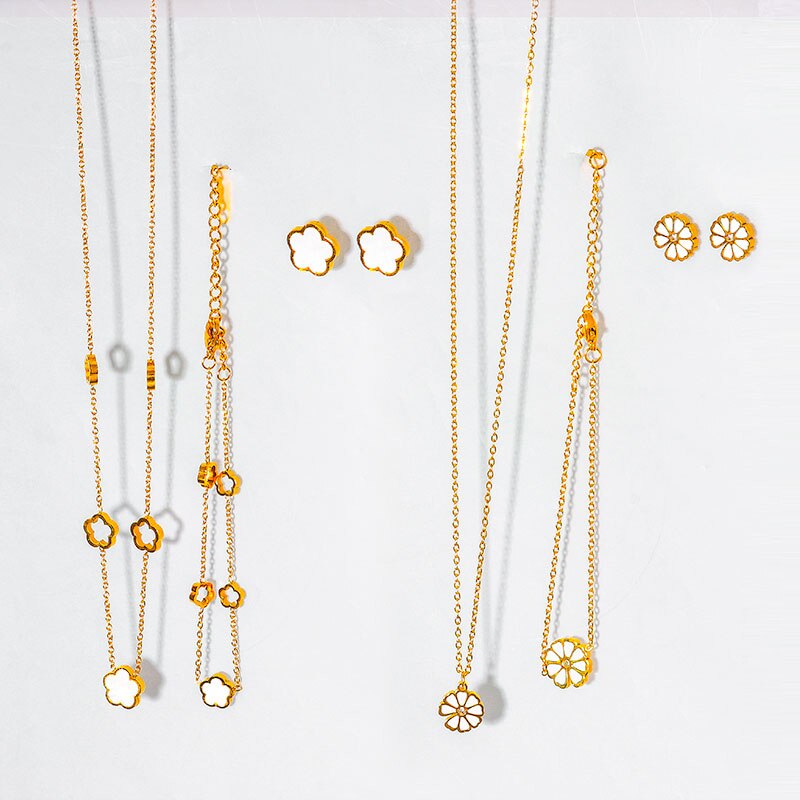 BICUX Stainless Steel White Shell Flower Jewelry Sets For Women Luxury Earrings/Necklace/Bracelet 2022