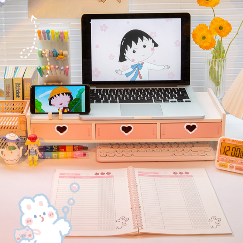 Kawaii Desktop Monitor Stand Wooden Computer Laptop Elevated Stand with Drawers Desk Storage Organizer Pink Cute Monitor Stand