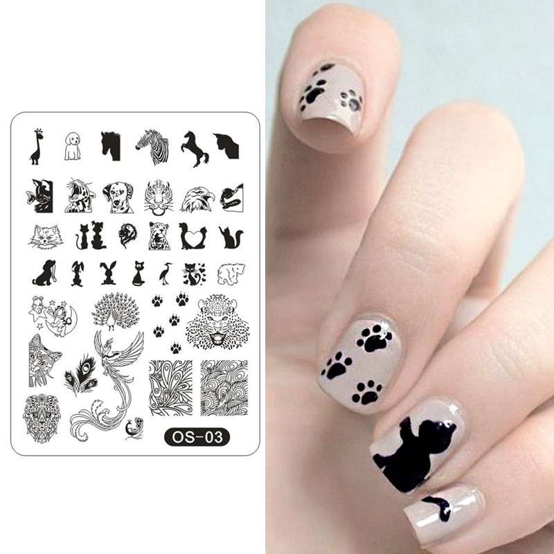 Animal Thema Kat Hond Pauw Luipaard Patroon Nail Art Stempelplaten Nail Stencil Template Tool OS03