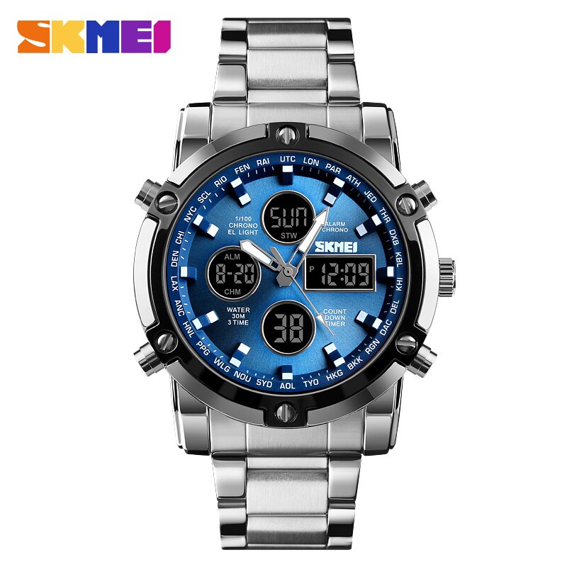 Rvs Heren Digitale Horloge Luxe Skmei Mannen Horloges 3 Tijd Lichtgevende Elektronische Horloge Waterdicht Alarm Klok