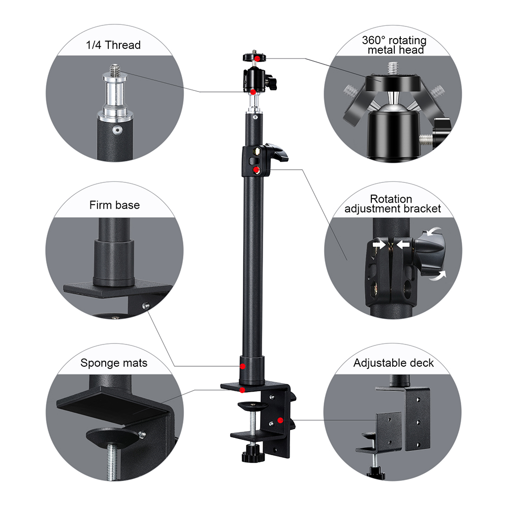 Desktop C-clamp Light Stand with 360 Rotatable Ball Head 1/4 inch Screw, Adjustable Aluminum Holder for Ring Light Camera Video