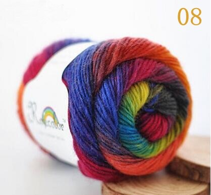 Fil de laine 100% couleur arc-en-ciel, pour tricoter à la main, épaisseur tissée à la main, fil de laine, châle de Crochet, 50 g/boule: 08