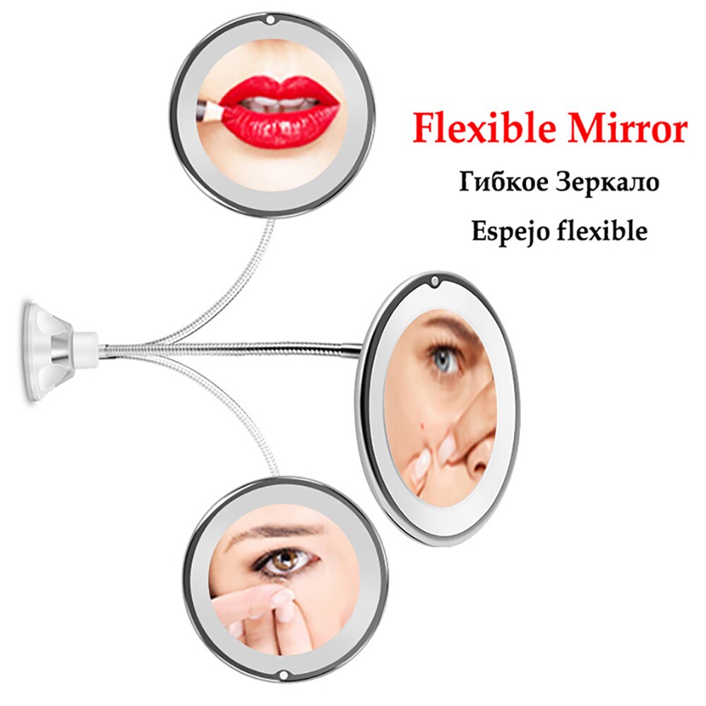 Led makeup spejl 10x forstørrelse sugekop badeværelsesspejl fleksibel slange 360 graders roterende justering forfængelighed lys spejl
